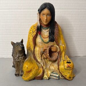 Vintage Native American Woman and Wolf Home Decor Figurine Yellow & Brown 6”